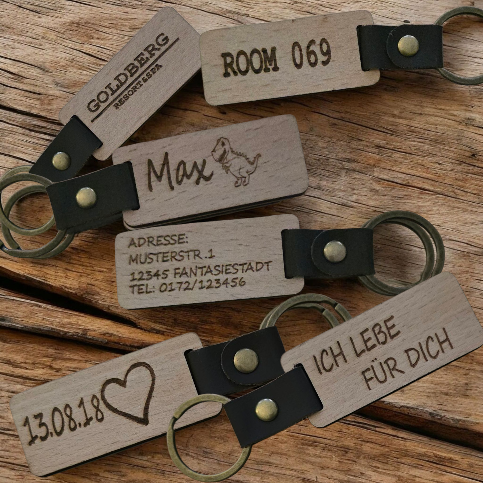 Schlüßelanhänger beidseitig Personalisierbar Holz/Leder